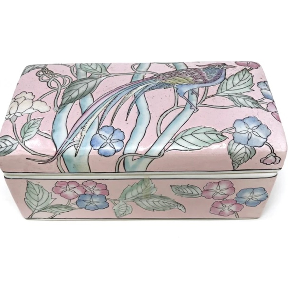 WBI Pheasant Bird Of Paradise Floral Trinket Jewelry Box Mid Century Ceramic